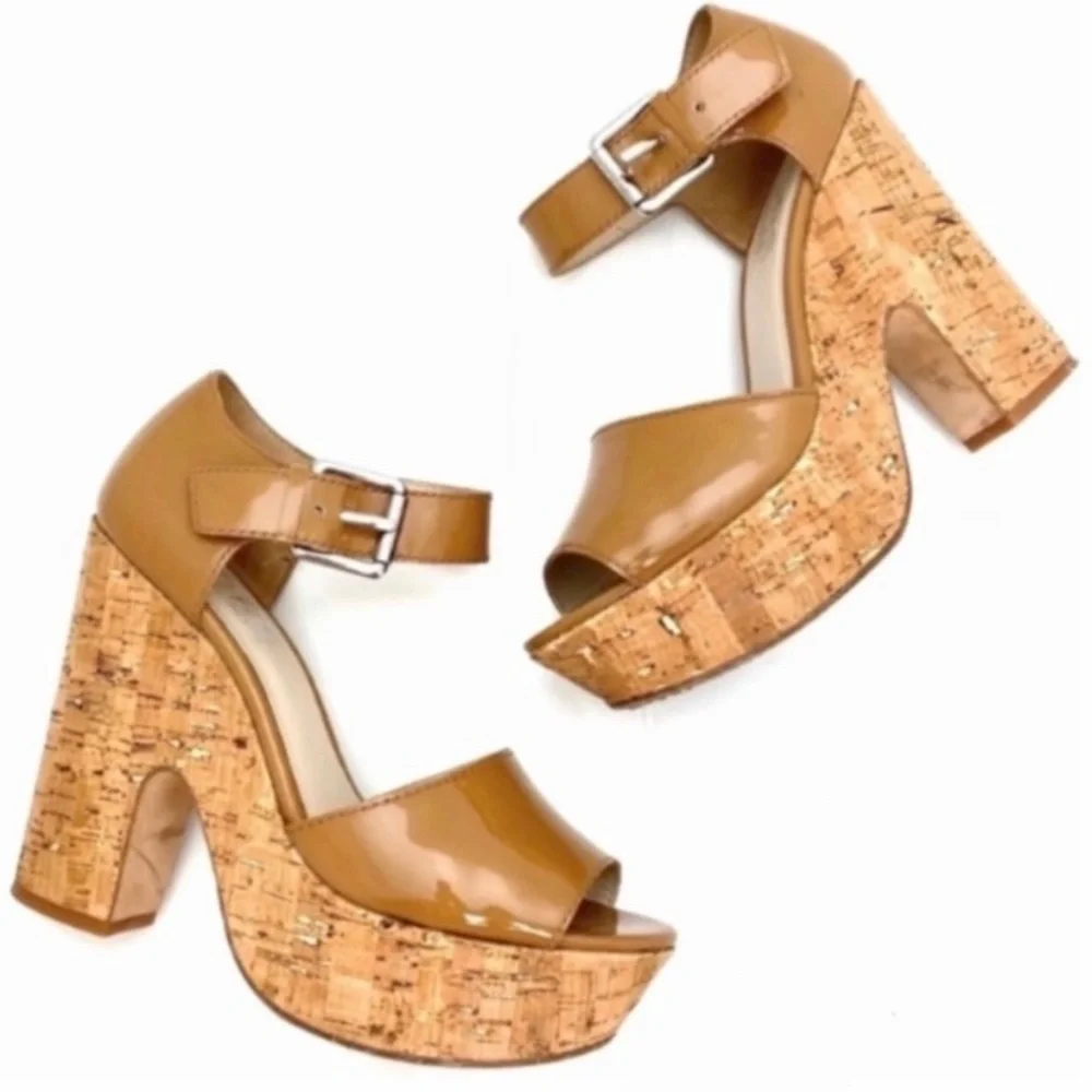 KORS Michael Kors Korey Patent Leather Cork Wedge Strap Sandal Camel Tan Size 9
